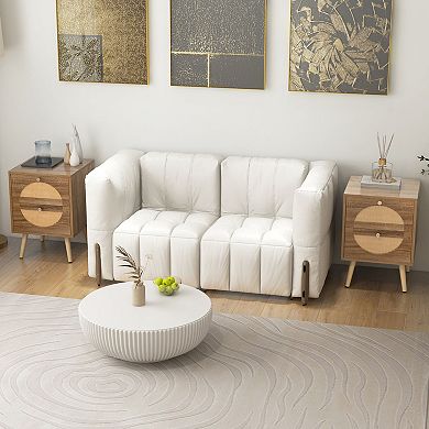 Set of 2 Rattan Nightstand with 2 Drawers and Solid Wood Legs-Natual