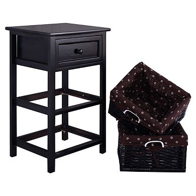 3 Tiers Wooden Storage Nightstand with 2 Baskets and 1 Drawer