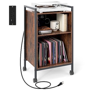 Mobile Record Player Stand with Power Outlet