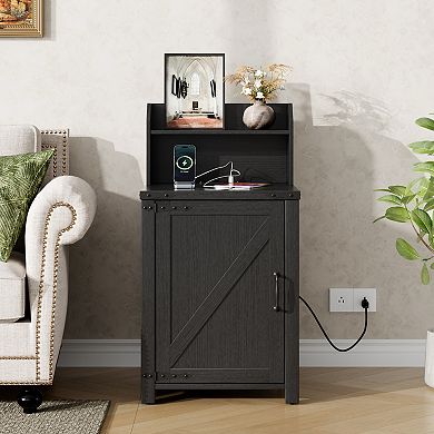 Nightstand with Charging Station, 18" Farmhouse End Table with Barn Door & Adjustable Shelf