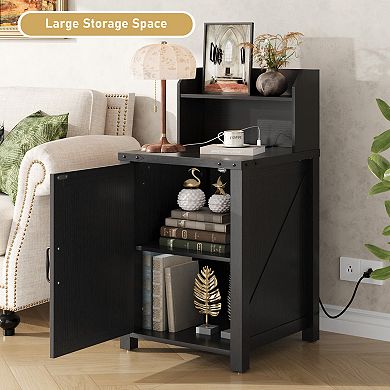 Nightstand with Charging Station, 18" Farmhouse End Table with Barn Door & Adjustable Shelf