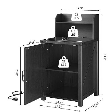 Nightstand with Charging Station, 18" Farmhouse End Table with Barn Door & Adjustable Shelf