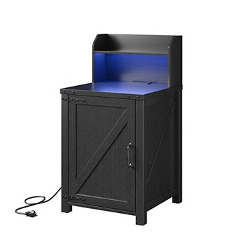 Nightstand with Charging Station, 18" Farmhouse End Table with Barn Door & Adjustable Shelf
