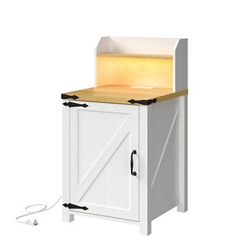 Nightstand with Charging Station, 18" Farmhouse End Table with Barn Door & Adjustable Shelf