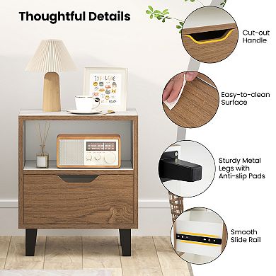 Nightstand with Drawer and Open Storage Shelf for Bedroom