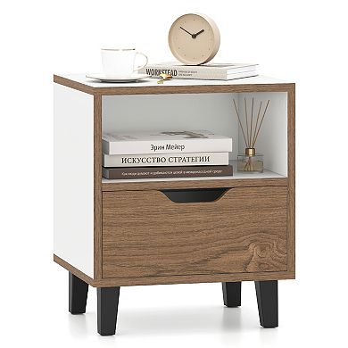 Nightstand with Drawer and Open Storage Shelf for Bedroom