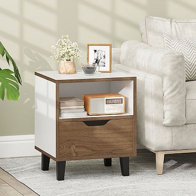 Nightstand with Drawer and Open Storage Shelf for Bedroom