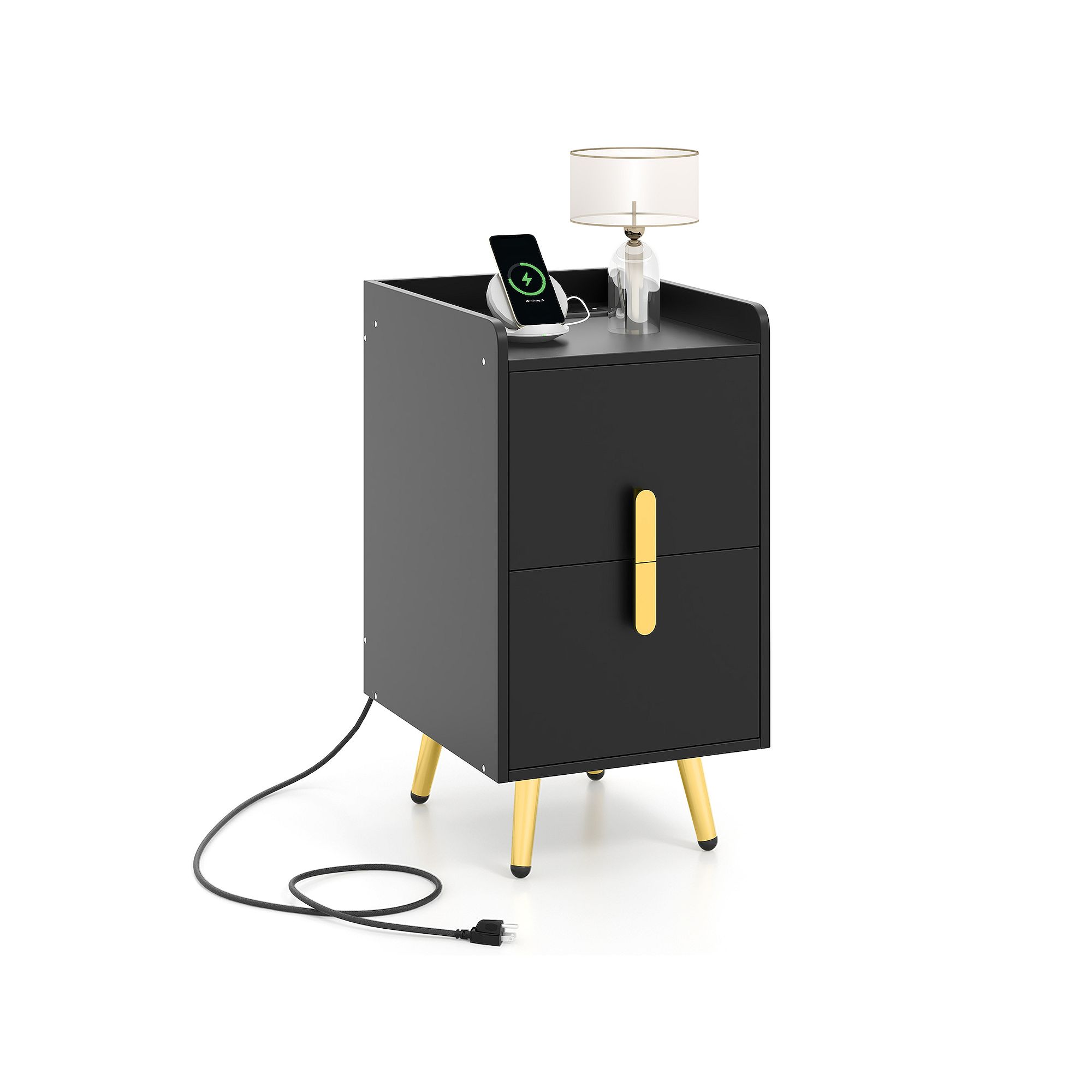 Side view of black nightstand side table with open charging top