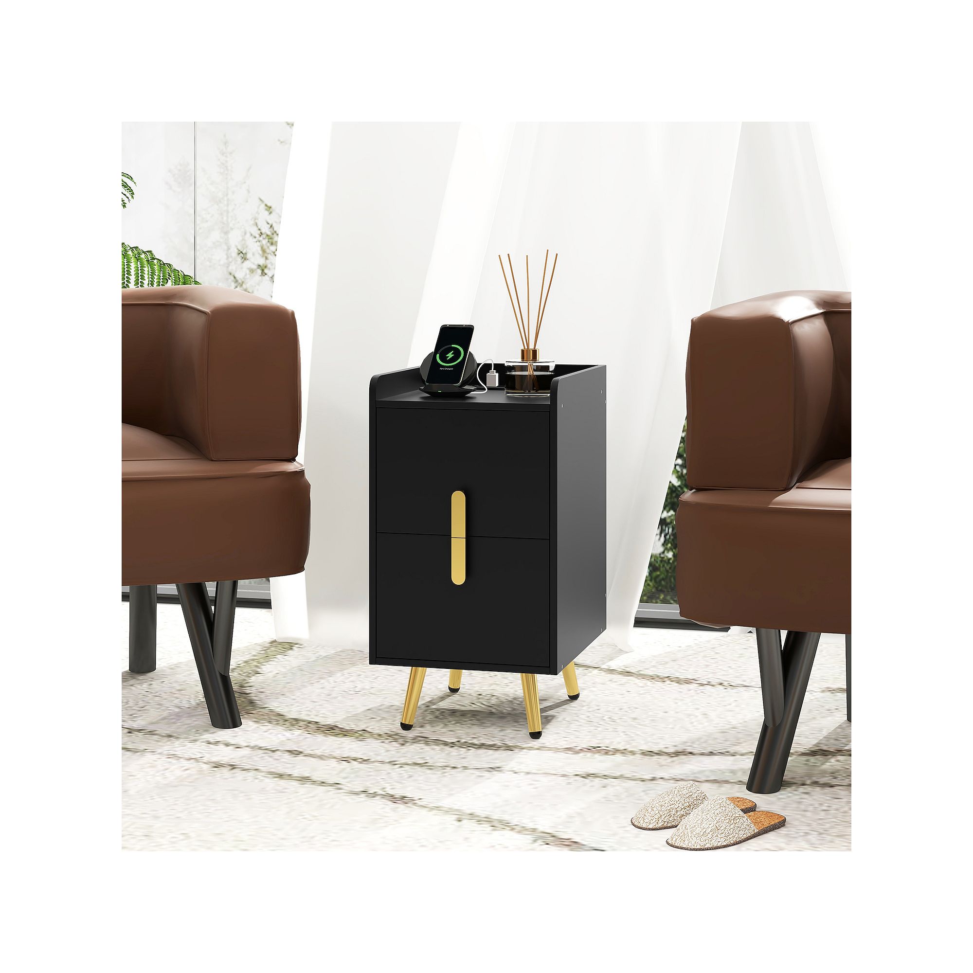 Black nightstand side table with charging ports and two drawer front
