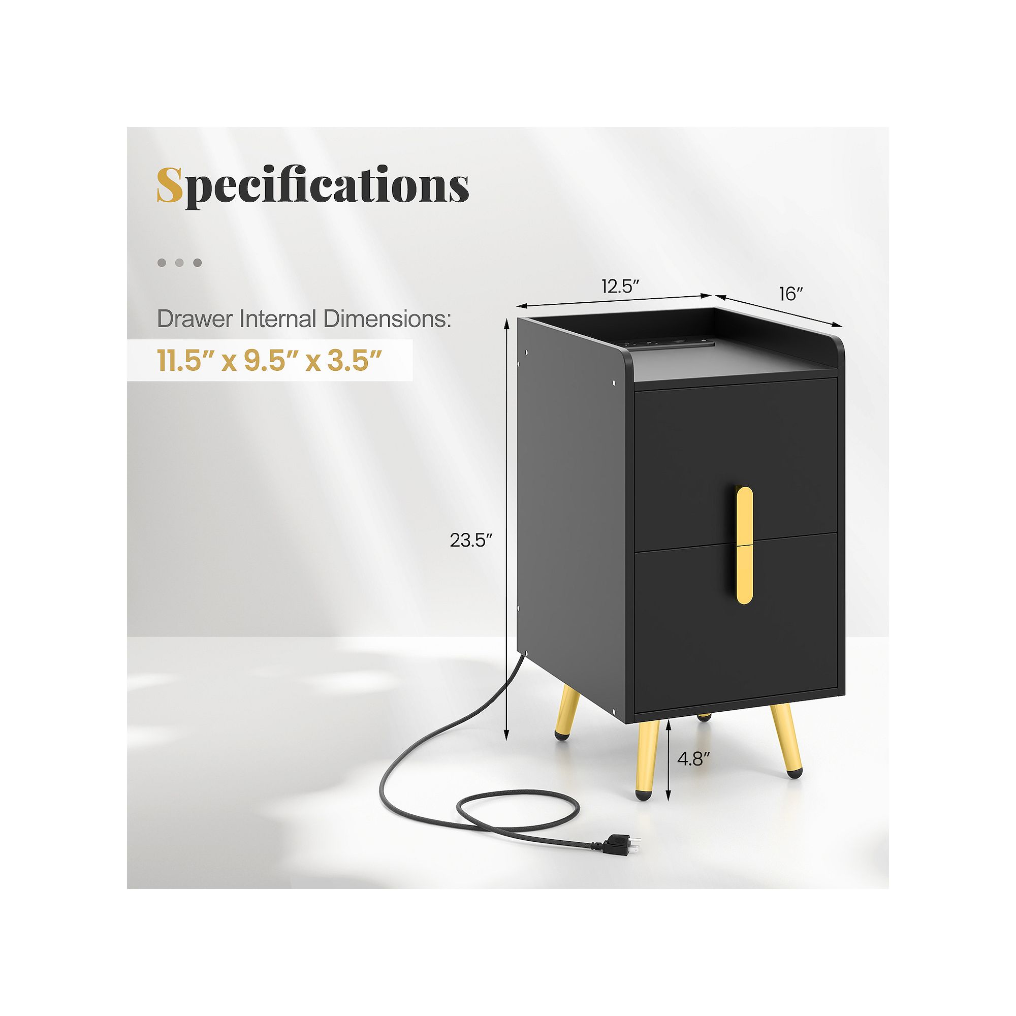 Diagram of nightstand drawer dimensions and overall size