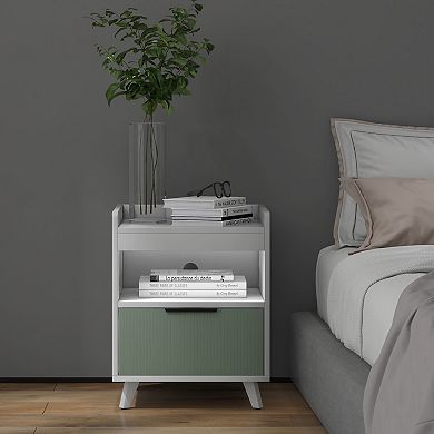 Modern Nightstand with LED Lights Sliding Drawer and Open Compartment