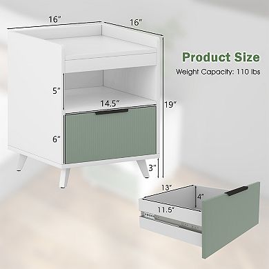 Modern Nightstand with LED Lights Sliding Drawer and Open Compartment