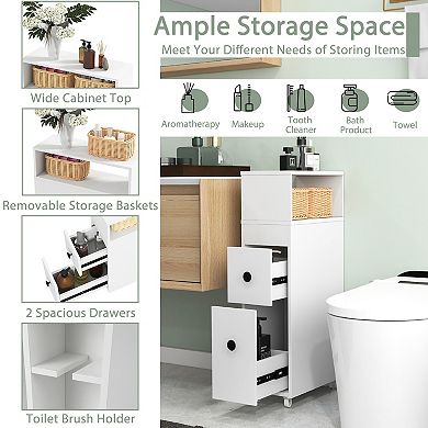 Slim Bathroom Cabinet Wooden Organizer with Deep Slide-Out Drawers