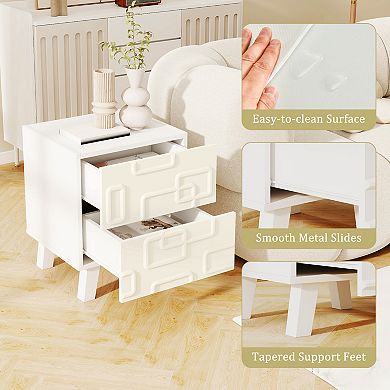 Modern Nightstand Side Table with Drawers and 3D Geometric Patterns