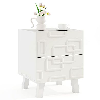 Modern Nightstand Side Table with Drawers and 3D Geometric Patterns