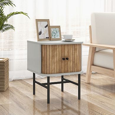 Mid-century Modern Nightstand with Sliding Doors and Storage Cabinet