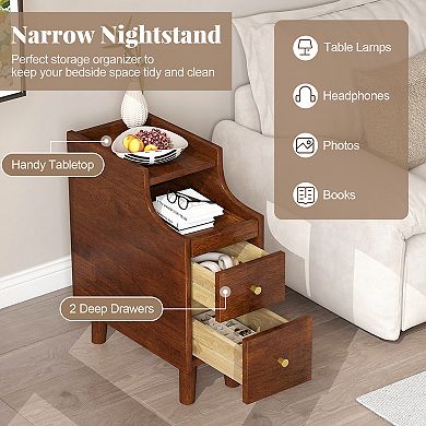 Solid Wood End Table Narrow Bedside Table with Pull-out Tray and 2 Storage Drawers