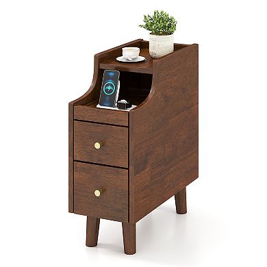 Solid Wood End Table Narrow Bedside Table with Pull-out Tray and 2 Storage Drawers