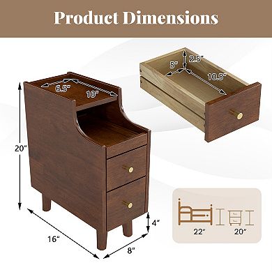 Solid Wood End Table Narrow Bedside Table with Pull-out Tray and 2 Storage Drawers