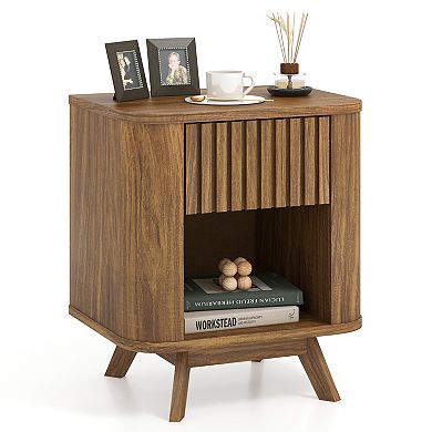 Mid-century Wood Nightstand with Drawer and Open Shelf