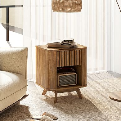 Mid-century Wood Nightstand with Drawer and Open Shelf