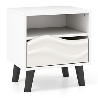 Nightstand Mid Century Modern Bedside Table with 3D Wavy Pattern and Open Shelf