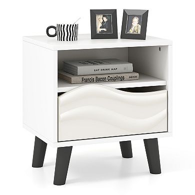 Nightstand Mid Century Modern Bedside Table with 3D Wavy Pattern and Open Shelf