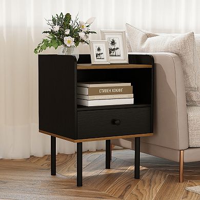 Nightstand with Drawer 3-Tier Sofa Side Table with Open Storage Shelf