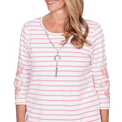 Petite Alfred Dunner Stripe Embroidered Sleeve Top with Necklace