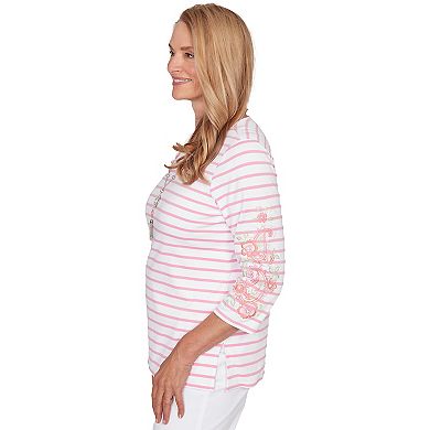Petite Alfred Dunner Stripe Embroidered Sleeve Top with Necklace