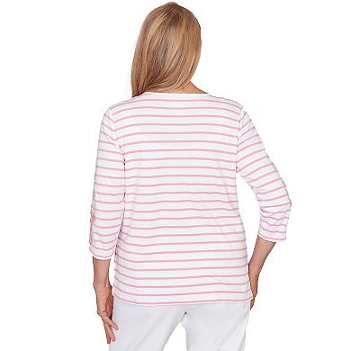 Petite Alfred Dunner Stripe Embroidered Sleeve Top with Necklace