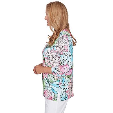 Petite Alfred Dunner Stained Glass Floral Print Top with Necklace