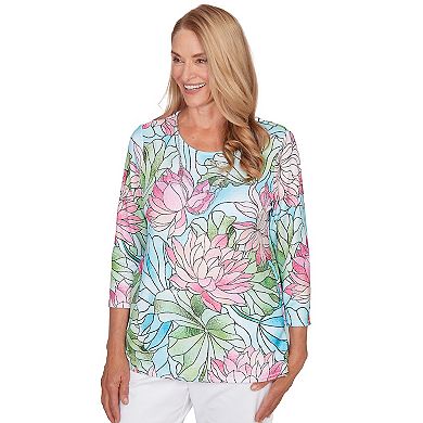 Petite Alfred Dunner Stained Glass Floral Print Top with Necklace