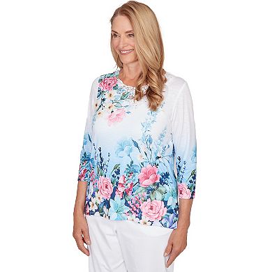 Petite Alfred Dunner Ombre Border Floral Lace Top