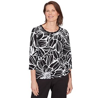 Petite Alfred Dunner Floral Linework Side Tie Ruched Top