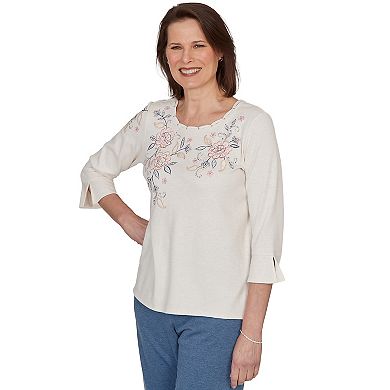Petite Alfred Dunner Interlaced Neck Floral Three Quarter Sleeve Top