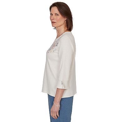 Petite Alfred Dunner Interlaced Neck Floral Three Quarter Sleeve Top
