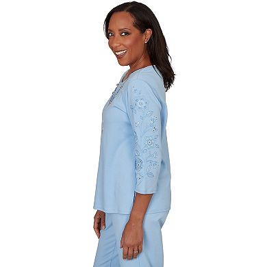 Petite Alfred Dunner Embroidered Floral Sleeve Accent Top with Necklace
