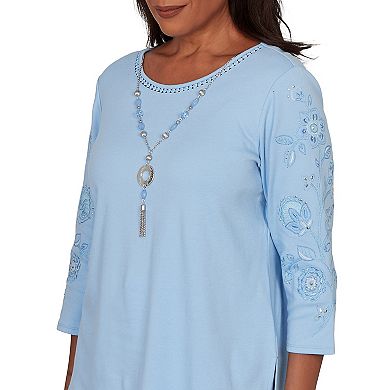 Petite Alfred Dunner Embroidered Floral Sleeve Accent Top with Necklace