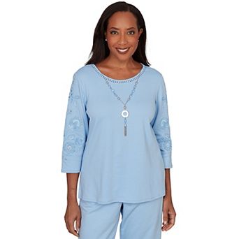 Petite Alfred Dunner Embroidered Floral Sleeve Accent Top with Necklace