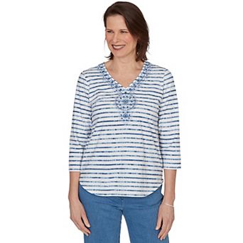 Petite Alfred Dunner Medallion Embroidered Stripe V-Neck Top