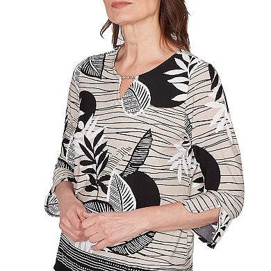 Petite Alfred Dunner Tropical Leaf Border Print Split Neck Top
