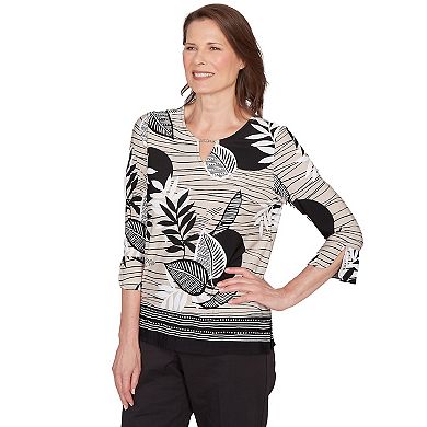 Petite Alfred Dunner Tropical Leaf Border Print Split Neck Top