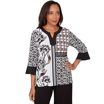Petite Alfred Dunner Floral Geo Patchwork Split Neck Top