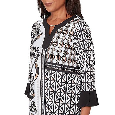 Petite Alfred Dunner Floral Geo Patchwork Split Neck Top
