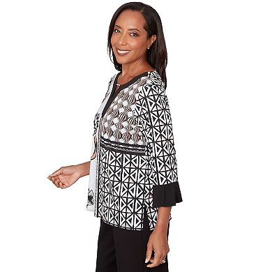 Petite Alfred Dunner Floral Geo Patchwork Split Neck Top
