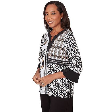 Petite Alfred Dunner Floral Geo Patchwork Split Neck Top