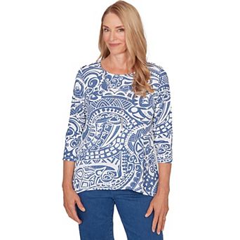 Petite Alfred Dunner Paisley Swirl Sharkbite Hem Top with Necklace
