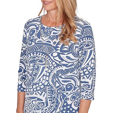 Petite Alfred Dunner Paisley Swirl Sharkbite Hem Top with Necklace
