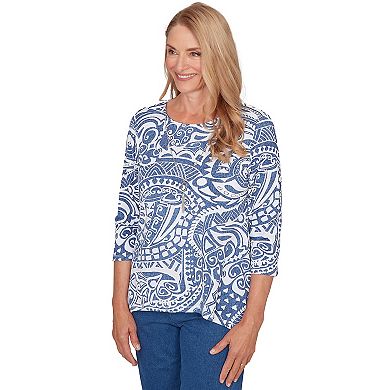 Petite Alfred Dunner Paisley Swirl Sharkbite Hem Top with Necklace